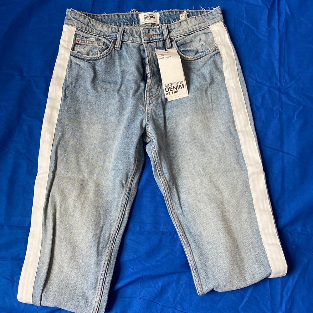 Zara straight leg jeans with white stripes.